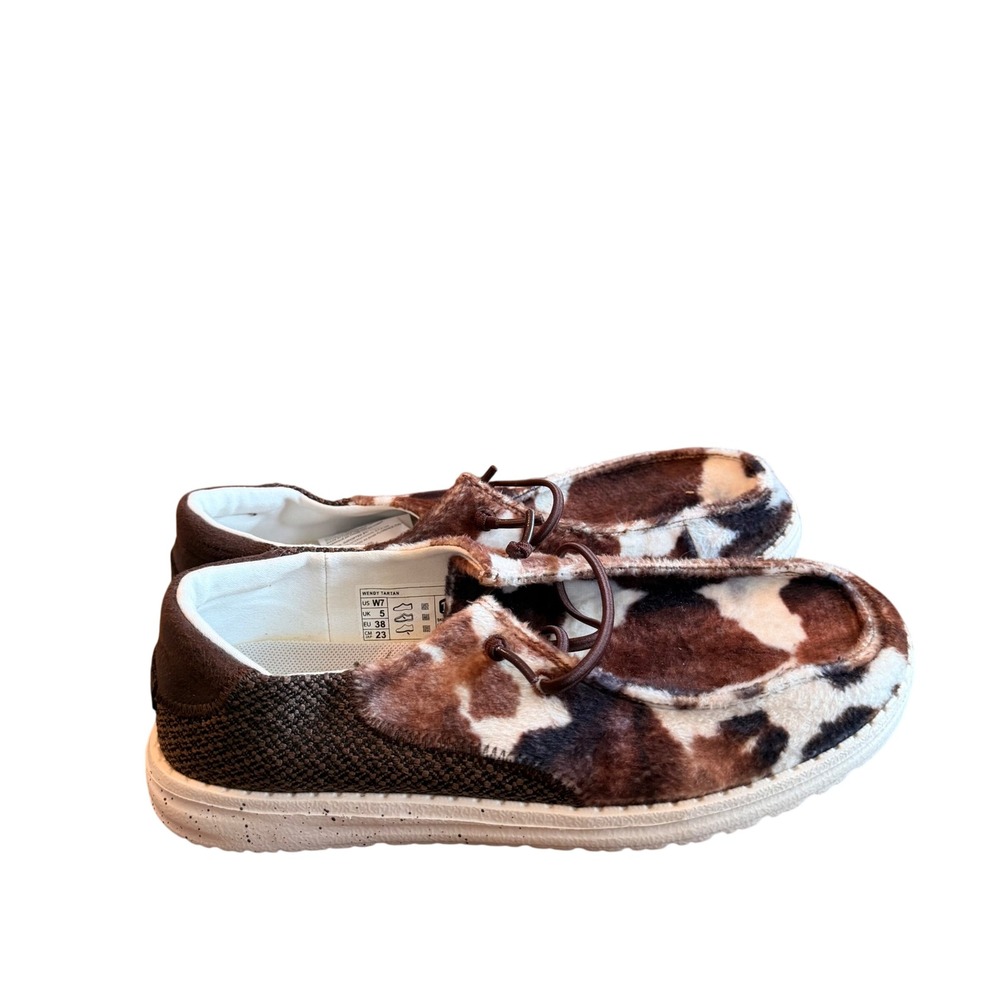 Hey Dude Wendy Tartan Cow Print Faux Fur Slip On Loafers Brown White W7